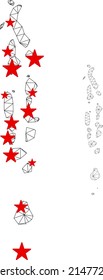 Mapa de Maldivas de malla poligonal con centros de estrellas rojas. Resumen de líneas conectadas en malla y estrellas de un mapa de Maldivas. Red poligonal 2D del marco de cables vectores en colores negro y rojo.