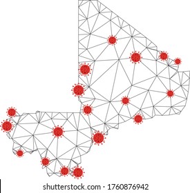 Polygonal mesh Mali map with coronavirus centers. Abstract network connected lines and covid viruses form Mali map. Vector wireframe flat polygonal network in black and red colors.