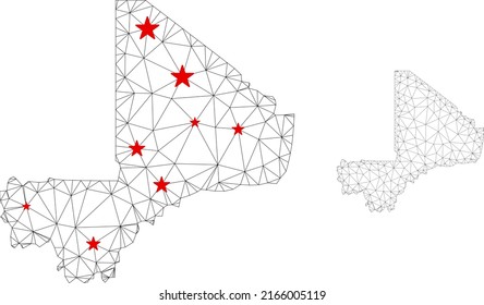 Polygonal mesh Mali map with red star centers. Abstract network connected lines and stars form Mali map. Vector wireframe flat polygonal network in black and red colors.