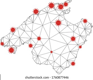 Mapa de Mallorca de malla poligonal con centros de coronavirus. Resumen de las líneas conectadas a la red y de los virus codificados de Mallorca. Vector wireframe red poligonal plana en color negro y rojo.