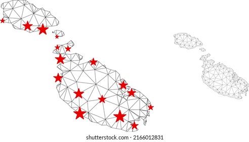 Polygonal mesh Malta Island map with red star centers. Abstract network connected lines and stars form Malta Island map. Vector wire frame 2D polygonal network in black and red colors.