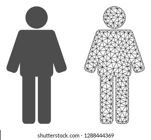 Polygonal mesh man and flat icon are isolated on a white background. Abstract black mesh lines, triangles and nodes forms man icon.