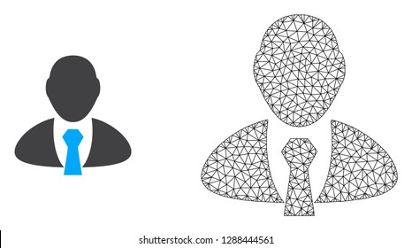 Polygonal mesh manager and flat icon are isolated on a white background. Abstract black mesh lines, triangles and nodes forms manager icon.