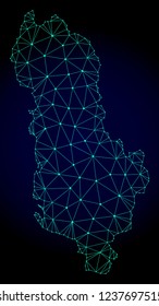 Polygonal mesh map of Albania. Abstract mesh lines, triangles and points on dark background with map of Albania. Wire frame 2D polygonal line network in vector format on a dark blue background.