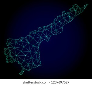 Polygonal mesh map of Andhra Pradesh State. Abstract mesh lines, triangles and points on dark background with map of Andhra Pradesh State.