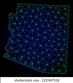 Polygonal mesh map of Arizona State. Abstract mesh lines, triangles and points on dark background with map of Arizona State.