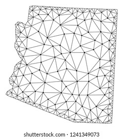Polygonal mesh map of Arizona State in black color. Abstract mesh lines, triangles and points with map of Arizona State. Wire frame 2D polygonal line network in vector format.