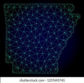 Polygonal mesh map of Arkansas State. Abstract mesh lines, triangles and points on dark background with map of Arkansas State.