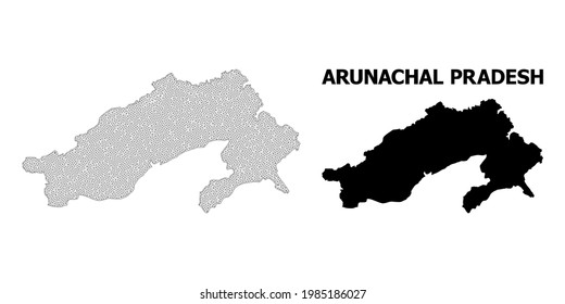 Polygonale Maschenkarte des Bundesstaates Arunachal Pradesh in hoher Detailauflösung. Maschenlinien, Dreiecke und Punkte bilden eine Karte des Bundesstaates Arunachal Pradesh.