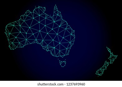 Polygonal mesh map of Australia and New Zealand. Abstract mesh lines, triangles and points on dark background with map of Australia and New Zealand.