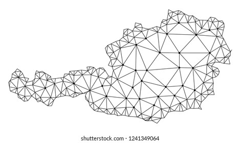 Polygonal mesh map of Austria in black color. Abstract mesh lines, triangles and points with map of Austria. Wire frame 2D polygonal line network in vector format.