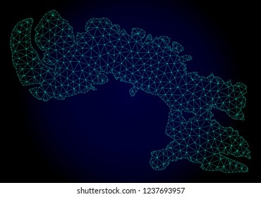 Polygonal mesh map of Baffin Island. Abstract mesh lines, triangles and points on dark background with map of Baffin Island.