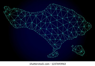 Polygonal mesh map of Bali Island. Abstract mesh lines, triangles and points on dark background with map of Bali Island.