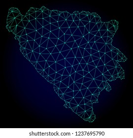 Polygonal mesh map of Bosnia and Herzegovina. Abstract mesh lines, triangles and points on dark background with map of Bosnia and Herzegovina.