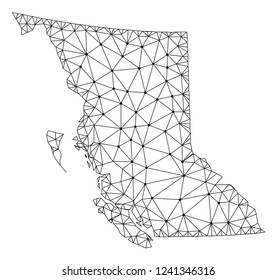 Polygonal mesh map of British Columbia Province in black color. Abstract mesh lines, triangles and points with map of British Columbia Province. Wire frame 2D polygonal line network in vector format.