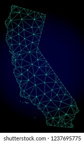 Polygonal mesh map of California. Abstract mesh lines, triangles and points on dark background with map of California. Wire frame 2D polygonal line network in vector format on a dark blue background.