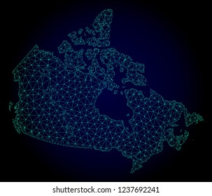 Polygonal mesh map of Canada. Abstract mesh lines, triangles and points on dark background with map of Canada. Wire frame 2D polygonal line network in vector format on a dark blue background.
