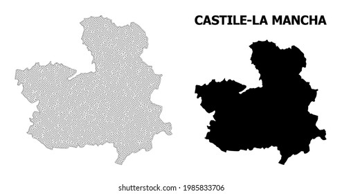 Polygonale Maschenkarte der Provinz Kastilien-La Mancha in hoher Detailauflösung. Mesh-Linien, Dreiecke und Punkte bilden eine Karte der Provinz Kastilien-La Mancha.