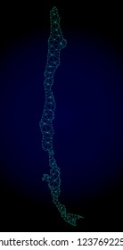 Polygonal mesh map of Chile. Abstract mesh lines, triangles and points on dark background with map of Chile. Wire frame 2D polygonal line network in vector format on a dark blue background.