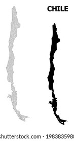 Polygonal mesh map of Chile in high detail resolution. Mesh lines, triangles and dots form map of Chile. High detail wire frame carcass polygonal line network in vector format on a white background.