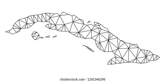 Polygonal mesh map of Cuba Island in black color. Abstract mesh lines, triangles and points with map of Cuba Island. Wire frame 2D polygonal line network in vector format.