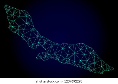 Polygonal mesh map of Curacao Island. Abstract mesh lines, triangles and points on dark background with map of Curacao Island.