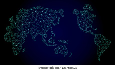 Polygonal mesh map of Earth. Abstract mesh lines, triangles and points on dark background with map of Earth. Wire frame 2D polygonal line network in vector format on a dark blue background.