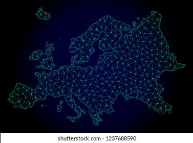 Polygonal mesh map of Europe. Abstract mesh lines, triangles and points on dark background with map of Europe. Wire frame 2D polygonal line network in vector format on a dark blue background.