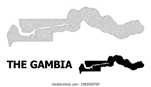 Polygonale Maschenkarte des Gambia in hoher Auflösung. Mesh-Linien, Dreiecke und Punkte bilden eine Karte des Gambia.