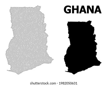 Mapa de malla poligonal de Ghana en alta resolución. Líneas de malla, triángulos y puntos forman un mapa de Ghana. Red de línea poligonal en formato vectorial de alta resolución sobre fondo blanco.