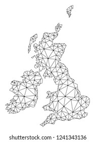Polygonal mesh map of Great Britain and Ireland in black color. Abstract mesh lines, triangles and points with map of Great Britain and Ireland. Wire frame 2D polygonal line network in vector format.