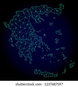 Polygonal mesh map of Greece. Abstract mesh lines, triangles and points on dark background with map of Greece. Wire frame 2D polygonal line network in vector format on a dark blue background.