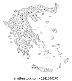 Polygonal mesh map of Greece in black color. Abstract mesh lines, triangles and points with map of Greece. Wire frame 2D polygonal line network in vector format. Carcass model for patriotic posters.