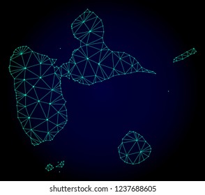 Polygonal mesh map of Guadeloupe. Abstract mesh lines, triangles and points on dark background with map of Guadeloupe. Wire frame 2D polygonal line network in vector format on a dark blue background.