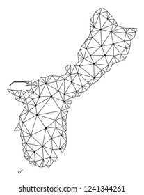 Polygonal mesh map of Guam Island in black color. Abstract mesh lines, triangles and points with map of Guam Island. Wire frame 2D polygonal line network in vector format.