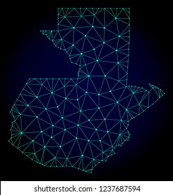 Polygonal mesh map of Guatemala. Abstract mesh lines, triangles and points on dark background with map of Guatemala. Wire frame 2D polygonal line network in vector format on a dark blue background.