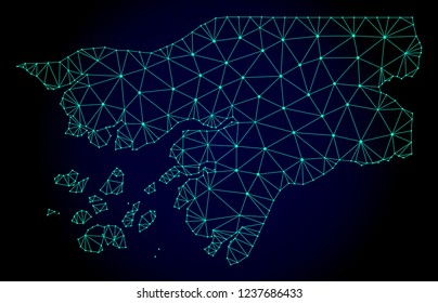 Polygonal mesh map of Guinea-Bissau. Abstract mesh lines, triangles and points on dark background with map of Guinea-Bissau.