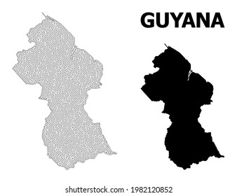 Polygonale Maschenkarte von Guyana in hoher Auflösung. Maschenlinien, Dreiecke und Punkte bilden eine Karte von Guyana. Hochauflösendes Drahtgitter-Mehrzeilennetz in Vektorformat auf weißem Hintergrund.