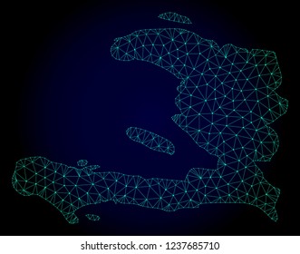 Polygonal mesh map of Haiti. Abstract mesh lines, triangles and points on dark background with map of Haiti. Wire frame 2D polygonal line network in vector format on a dark blue background.