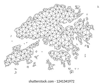 Polygonal mesh map of Hong Kong in black color. Abstract mesh lines, triangles and points with map of Hong Kong. Wire frame 2D polygonal line network in vector format.