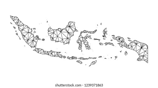 Mapa de malla poligonal de Indonesia. Abstractas líneas de malla, triángulos y puntos con el mapa de Indonesia. Red de línea poligonal 2D de marco de alambre de Vector en color negro. Modelo de carcasa para ilustraciones patrióticas.