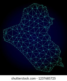 Polygonal mesh map of Iraq. Abstract mesh lines, triangles and points on dark background with map of Iraq. Wire frame 2D polygonal line network in vector format on a dark blue background.
