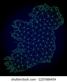 Polygonal mesh map of Ireland Island. Abstract mesh lines, triangles and points on dark background with map of Ireland Island.