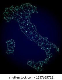Polygonal mesh map of Italy. Abstract mesh lines, triangles and points on dark background with map of Italy. Wire frame 2D polygonal line network in vector format on a dark blue background.