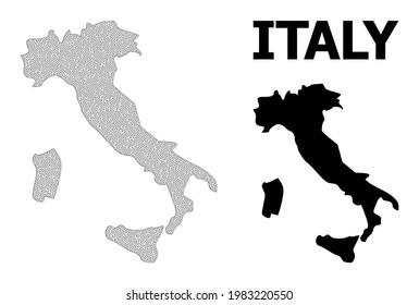 Polygonale Maschenkarte von Italien in hoher Auflösung. Mesh-Linien, Dreiecke und Punkte bilden eine Karte von Italien. Hochauflösendes Drahtgitter-Mehrzeilennetz in Vektorformat auf weißem Hintergrund.