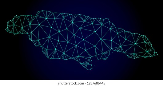 Polygonal mesh map of Jamaica. Abstract mesh lines, triangles and points on dark background with map of Jamaica. Wire frame 2D polygonal line network in vector format on a dark blue background.