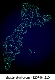 Polygonal mesh map of Kamchatka Peninsula. Abstract mesh lines, triangles and points on dark background with map of Kamchatka Peninsula.
