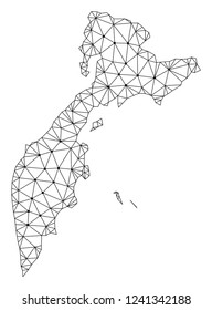 Polygonal mesh map of Kamchatka Peninsula in black color. Abstract mesh lines, triangles and points with map of Kamchatka Peninsula. Wire frame 2D polygonal line network in vector format.