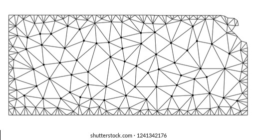Polygonal mesh map of Kansas State in black color. Abstract mesh lines, triangles and points with map of Kansas State. Wire frame 2D polygonal line network in vector format.