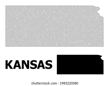Polygonale Maschenkarte des Kansas-Staates in hoher Detailauflösung. Maschenlinien, Dreiecke und Punkte bilden eine Karte des Kansas-Staates.